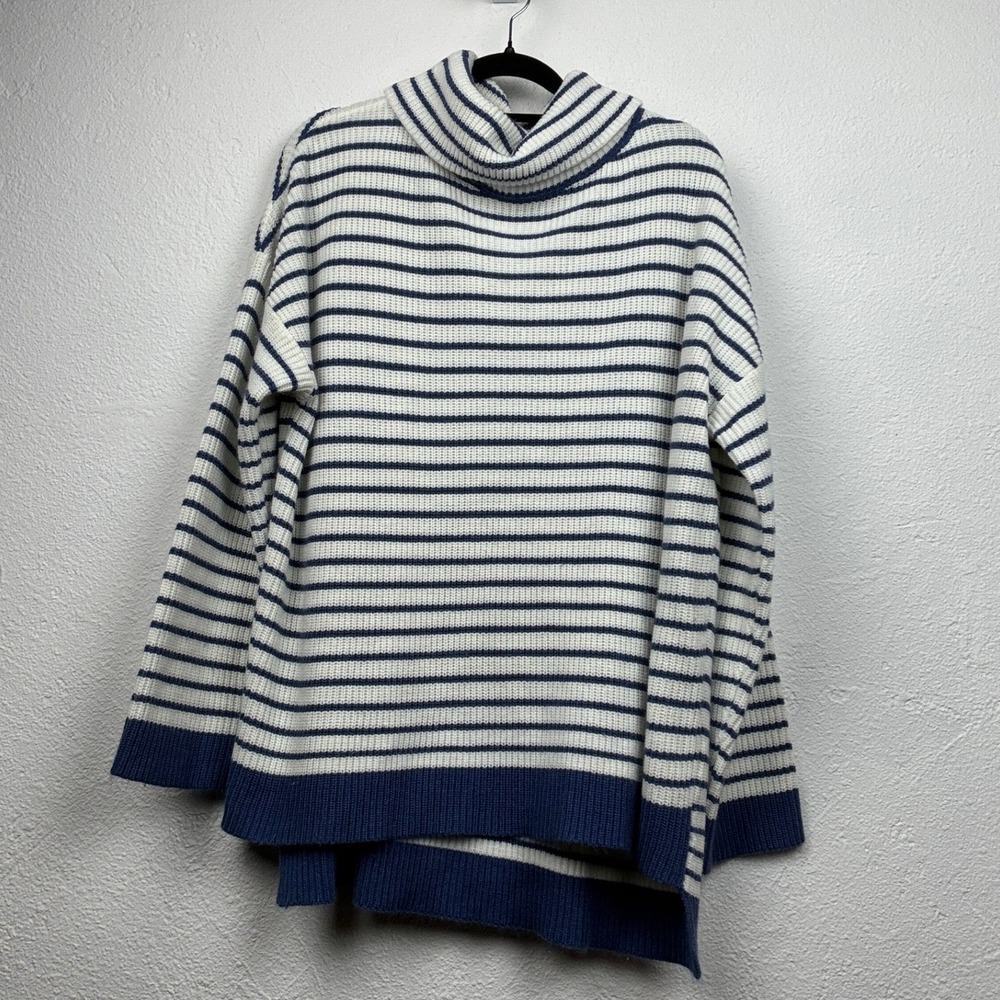 Zeagoo White Navy Striped Turtleneck Sweater - XL - High Low Knit Coastal Preppy